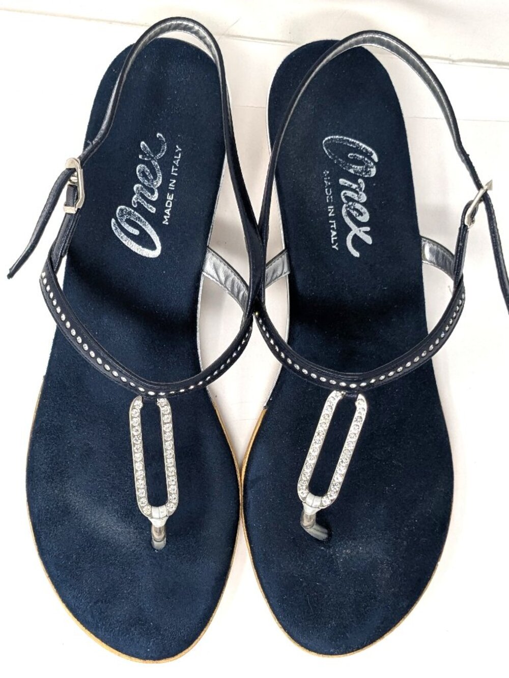 Onex Navy Blue Crystal Thong Sandal "Cabo" wedge heel shoe Size 11